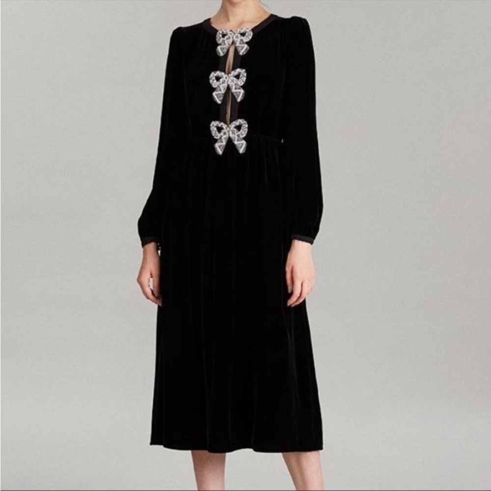 Saloni Camille Bow-Embellished Velvet Midi Dress Black US 6